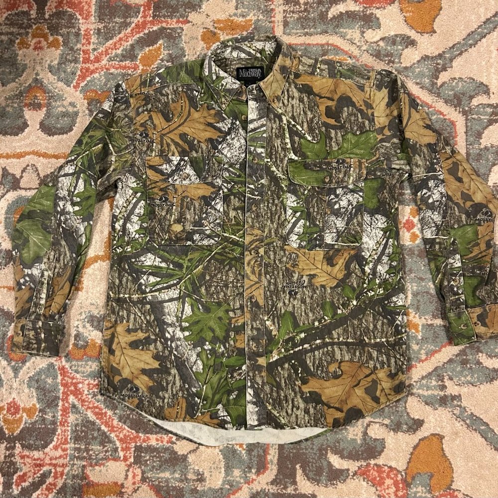 Vintage Midway USA Camo Button Down Mossy Oak Obsession Hunting Shirt